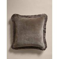 M&S Pure Cotton Velvet Fringed Cushion Khaki