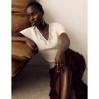 Per Una Lace Insert V-Neck Short Sleeve T-Shirt Ecru