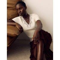 Per Una Lace Insert V-Neck Short Sleeve T-Shirt Ecru