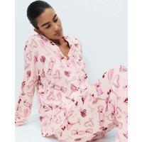 M&S Cotton Modal Printed Revere Long Pyjama Set Light Pink Mix