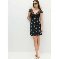 M&S Satin Lace Floral Mini Slip Dress Black Mix