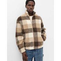 M&S Checked Funnel Neck Zip Up Fleece Natural