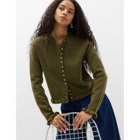 M&S Ruffle Crew Neck Cardigan Dark Khaki