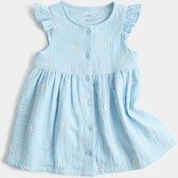 M&S Pure Cotton Embroidered Button Up Dress (0-3 Yrs) Blue