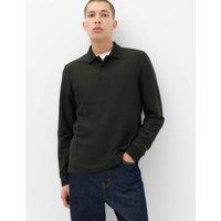 M&S Cotton Rich Striped Long Sleeve Polo Shirt Dark Khaki