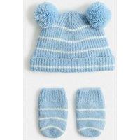 M&S Kids' Striped Hat & MIttens Set (0-3 Yrs) Blue