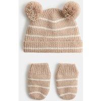 M&S Pom Pom Striped Hat & Mittens Set (0-3 Yrs) Red