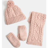 M&S 3 Pack Sparkly Cable Hat Scarf & Glove Set Pink