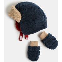 M&S Baby Borg Trapper Hat & Mittens Set (0-3 Yrs) Navy