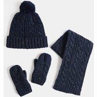 M&S 3 Pack Sparkly Cable Hat Scarf & Glove Set Navy