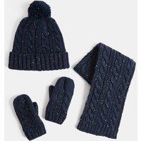 M&S 3 Pack Sparkly Cable Hat Scarf & Glove Set Navy