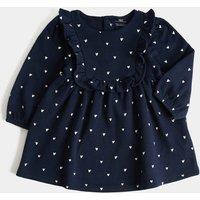 M&S Cotton Rich Frill Heart Print Dress (0-3 Yrs) Navy