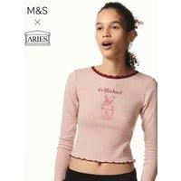 M&S x Aries Printed Pointelle Fitted Lace Trim Crop Top Pink Mix