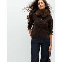 M&S Air-Yarn Collared Faux Fur Trim Knitted Jacket Dark Chocolate