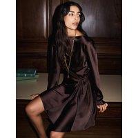 M&S Satin Cowl Neck Mini Tie Detail Waisted Dress Dark Chocolate