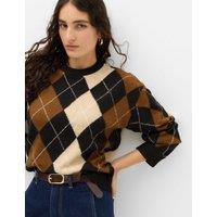 M&S Argyle Crew Neck Relaxed Jumper Brown Mix