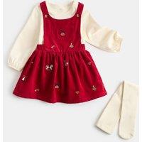 M&S 3pc Cotton Rich Embroidered Pinafore Dress Red