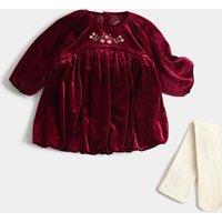 M&S Puff Sleeve Velvet Dress (0-5 Yrs) Red