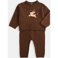 M&S 2pc Cotton Rich Knitted Reindeer Outfit (0-3 Yrs) Brown