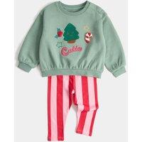 M&S 2pc Cotton Rich Christmas Outfit (0-3 Yrs) Pink Mix