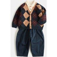M&S Cotton Argyle Cardigan Shirt and Trouser Outfit (0-5 Yrs) Navy Mix