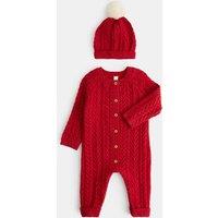M&S 2 Piece Santa Cable All in One with Hat (7lbs-12 Mths) Red