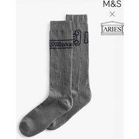 M&S x Aries Logo Pima Cotton Rich Ribbed Long Socks Grey Marl