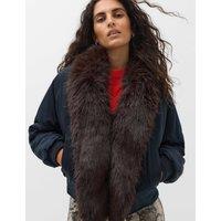 M&S Faux Fur Scarf Flight Bomber Jacket Midnight Navy