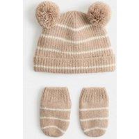 M&S Kids' Striped Hat & MIttens Set (0-3 Yrs) Neutral
