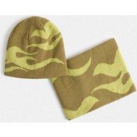 M&S 2pc Flame Hat Scarf Glove Set Green Mix