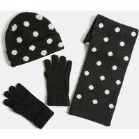 M&S 3pk Polka Dot Hat Scarf & Glove Set Black Mix