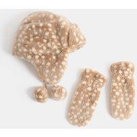 M&S 2 Pack Doe Print Hat & Mitten Set Neutral
