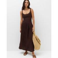 M&S Pure Linen Scoop Neck Waisted Midaxi Dress Peat