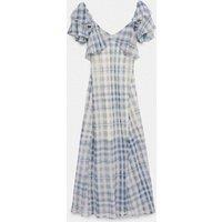M&S Checked Frill Sleeve Maxi Column Dress Ivory Mix