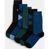 M&S 5 Pack Cool & Fresh Stag Argyle Cotton Rich Socks Blue Mix