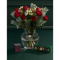 M&S Flower Market Red Rose & Hypericum Bouquet with Mini Christmas Chocolates & Candle