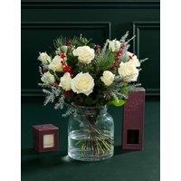 M&S Flower Market White Rose Blue Prince Ilex Bouquet with Candle & Diffuser