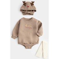 M&S 3 Piece Reindeer Paddler Hat & Tights Outfit (0-12 Mths) Conker