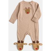 M&S Pure Cotton Christmas Reindeer Sleepsuit (7lbs - 12 Mths) Light Brown