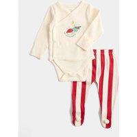M&S 2 Piece Cotton Rich Little Santa Crawler Outfit (0-12 Mths) Light Cream