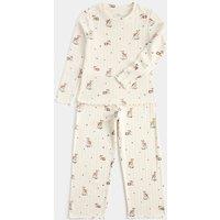 M&S Deer Print Ribbed Long Sleeve Pyjama Set Ecru Mix