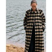 JAEGER Pure Wool Checked Funnel Neck Coat Black Mix