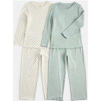 M&S Heart Print Ribbed Long Sleeve Pyjama Set Green Mix