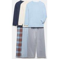 M&S 3 Pack Checked Striped Pyjama Sets (6-16 Yrs) Blue Mix
