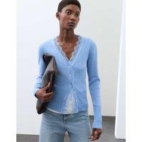 Autograph V-Neck Button Front Lace Detail Cardigan True Blue