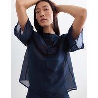 JAEGER Organza Funnel Neck Top Navy