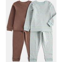 M&S 2 Pack Striped Waffle Pyjama Sets (1-8 Yrs) Green Mix