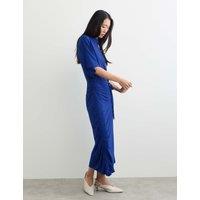 JAEGER Fluid Drape Cowl Neck Tie Detail Midi Waisted Dress Blue