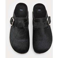M&S Leather Hair On Scallop Edge Strap Clogs Black