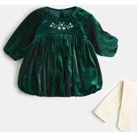 M&S Puff Sleeve Velvet Dress (0-5 Yrs) Green